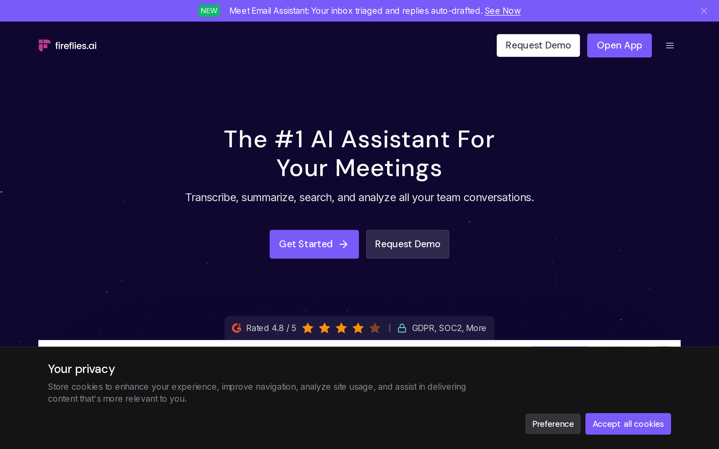 Fireflies.ai の製品サイトのトップページの画面