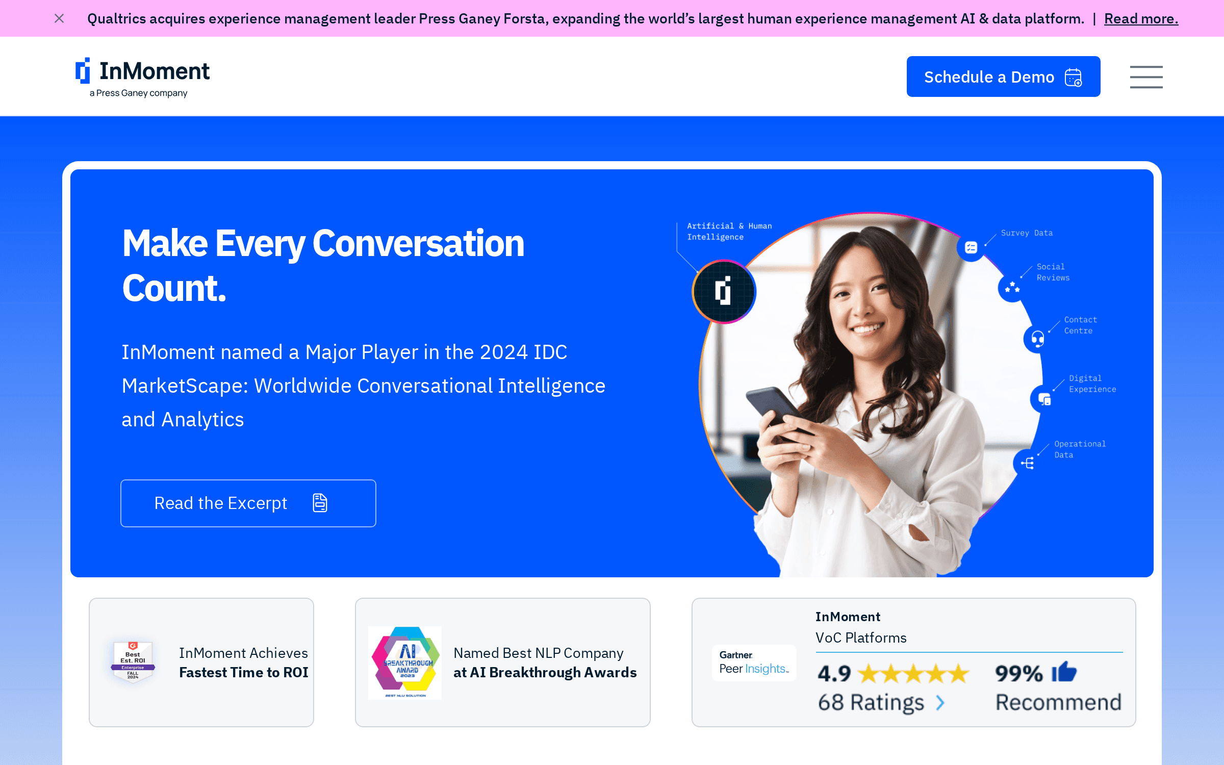 InMoment XI Platform の製品サイトのトップページの画面