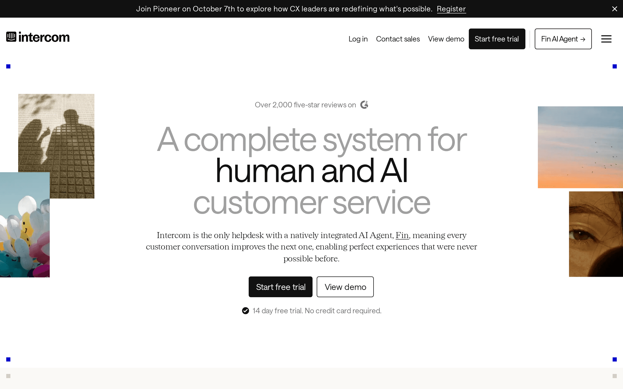 Intercom（Fin） の製品サイトのトップページの画面