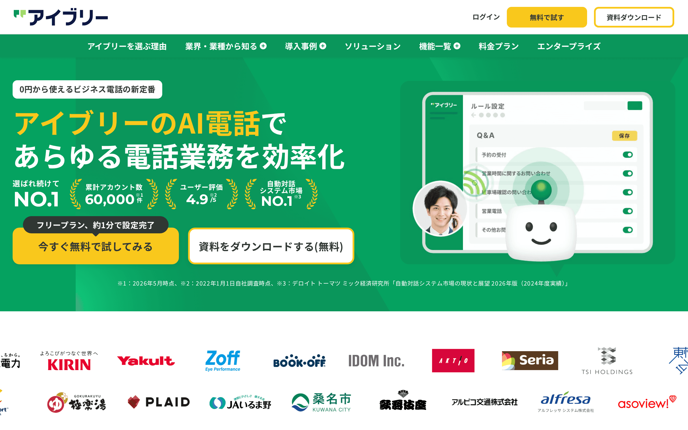 アイブリー（IVRy） の製品サイトのトップページの画面