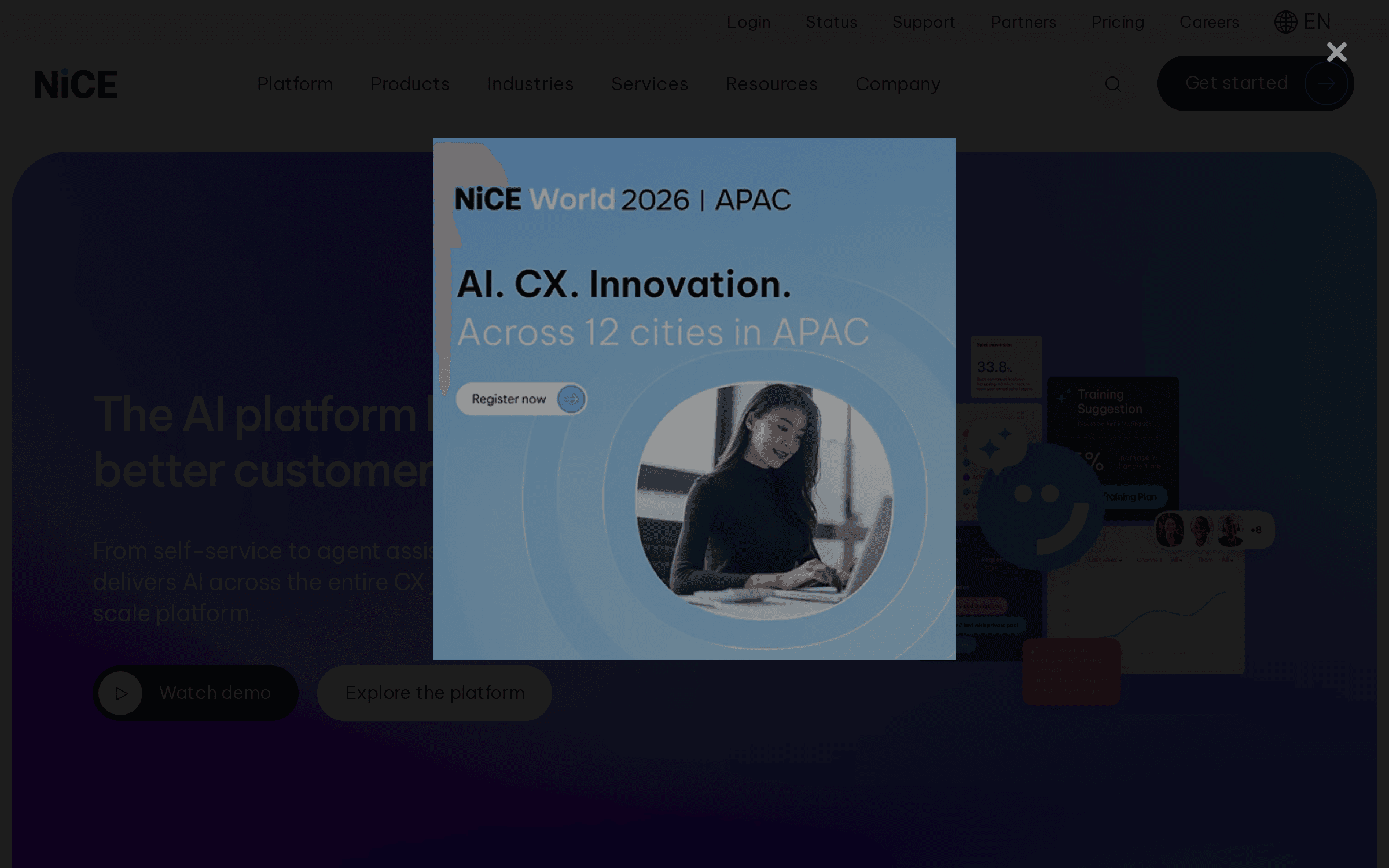 NiCE CXone の製品サイトのトップページの画面
