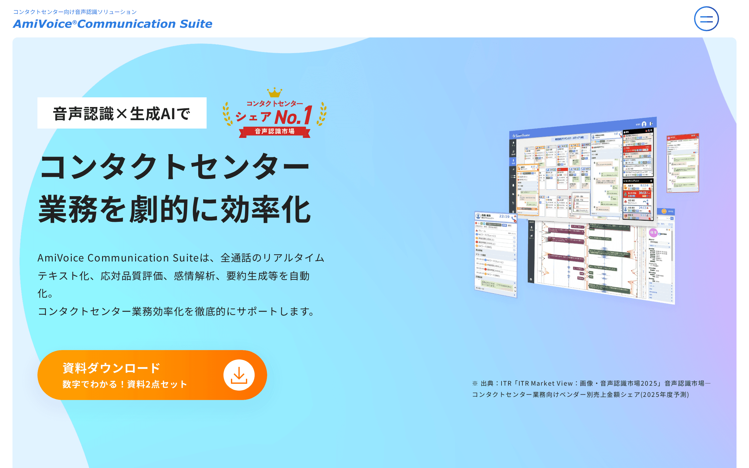 AmiVoice Communication Suite の製品サイトのトップページの画面